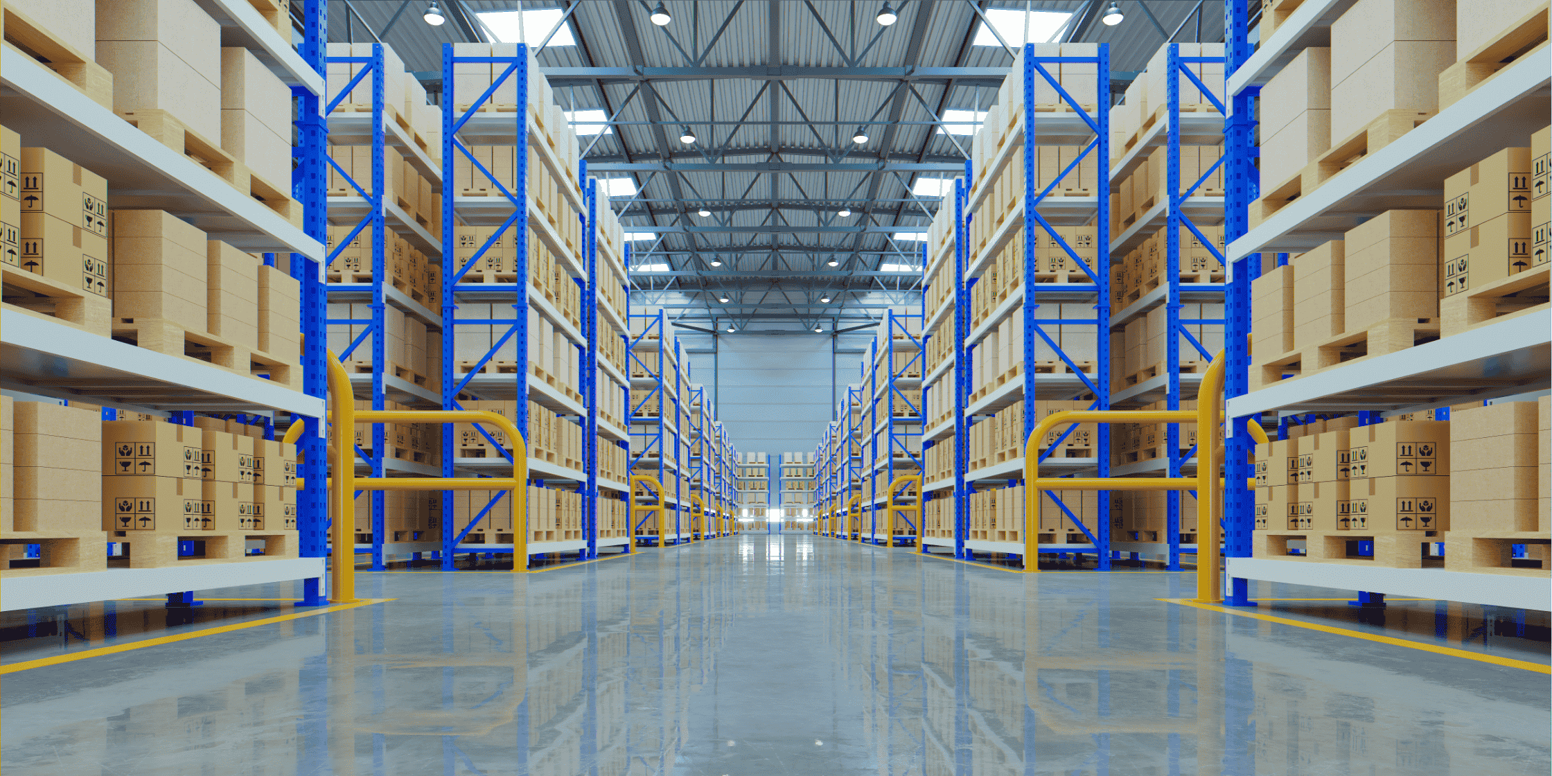 a long aisle in a warehouse with boxes and shelves