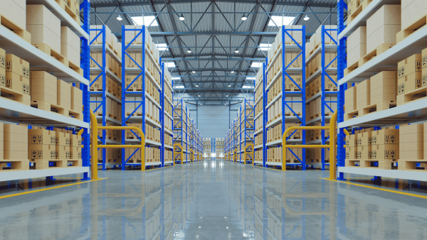 a long aisle in a warehouse with boxes and shelves